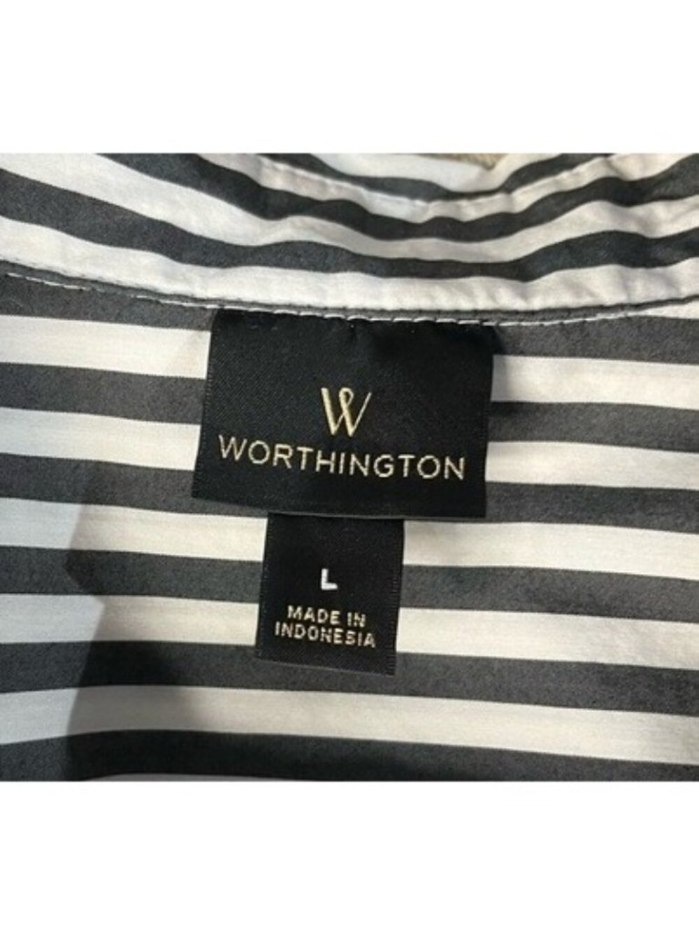 Worthington Button Up Collared Cuffed Long Sleeve Shirt Black White Striped (L) - Picture 16 of 16